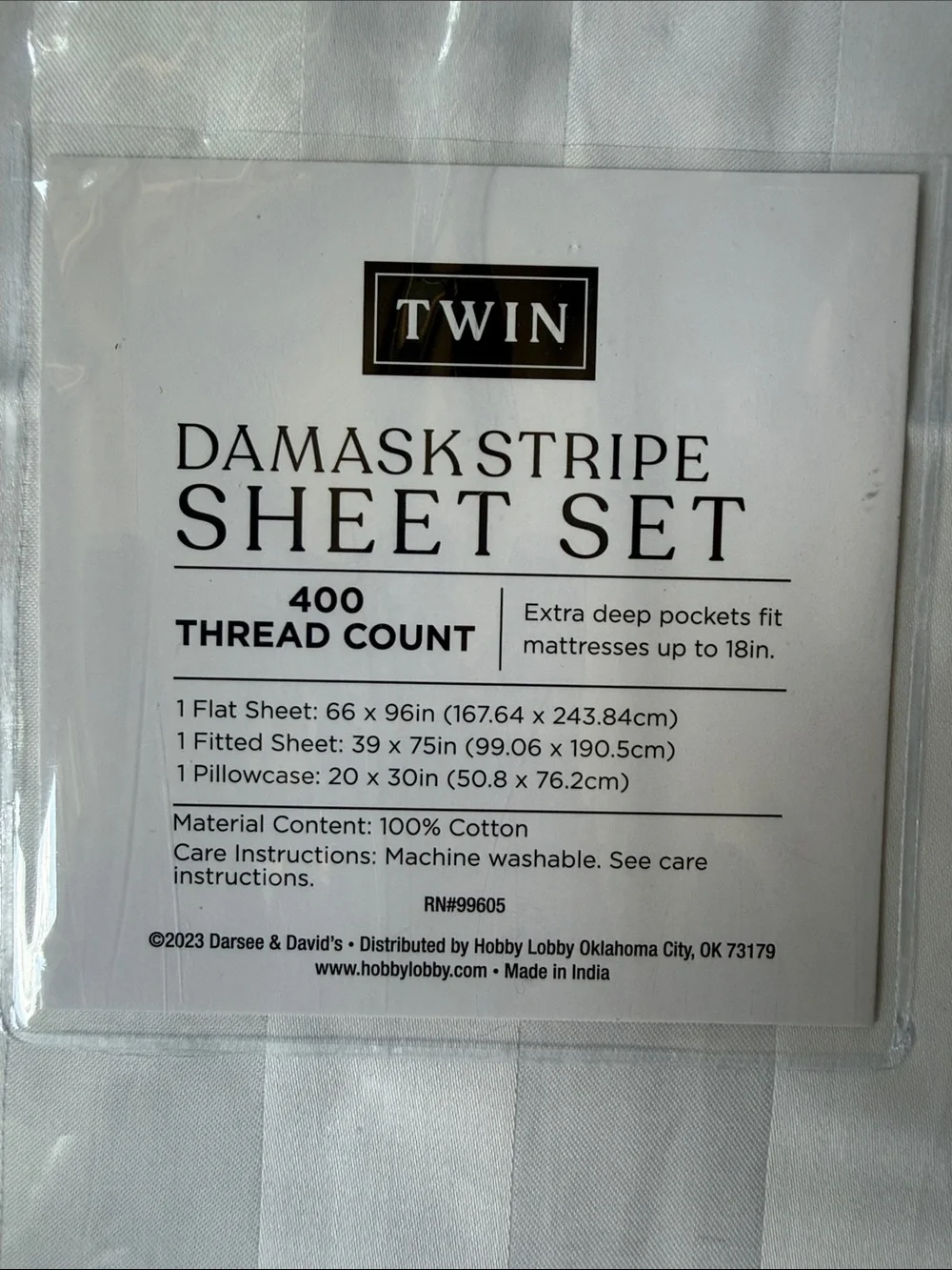 Twin Sheet Set 100% Cotton 400 tc Damask Stripe White